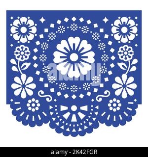 Party decoration Papel Picado vector design, retro Mexican fiesta paper cutout background with flowers and leaves Stock Vector