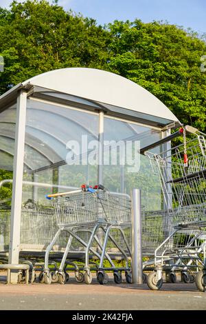 Shopping trolleys linked together in the trolley bay of a UK supermarket car park. Stock Photo