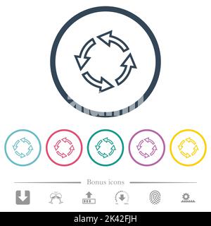 Rotate left outline flat color icons in round outlines. 6 bonus icons included. Stock Vector