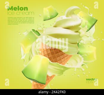 Melon soft ice cream cone with splash, vector summer dessert and milk product advertising. Soft ice cream with melon flavor, frozen icecream scoop in wafer or waffle cone, cold dairy fruit dessert Stock Vector