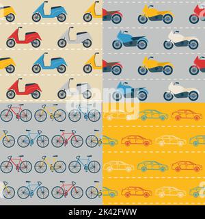 Collection of flat style seamless patterns with colorful transport. Flat style cars, bikes, motorbikes and scooters on the road. Stock Vector