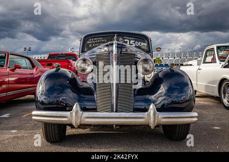 Daytona Beach, FL - November 28, 2020: Low perspective front view of a 1937 Buick Century Series 60 Model 64 Touring Sedan at a local car show. Stock Photo