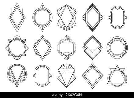 Geometric boho tattoo art, abstract tribal sacred geometry vector icons. Ethnic boho ornaments or tattoo line patterns, mystic Native American and Indian symbols of arrow, triangle and circle Stock Vector