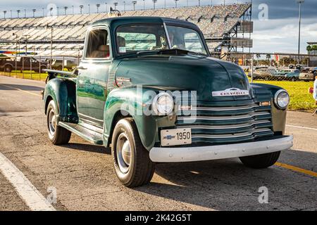 Daytona Beach, FL - November 28, 2020: Low perspective front corner view of a 1950 Chevrolet Advance Design 3100 Pickup Truck at a local car show. Stock Photo