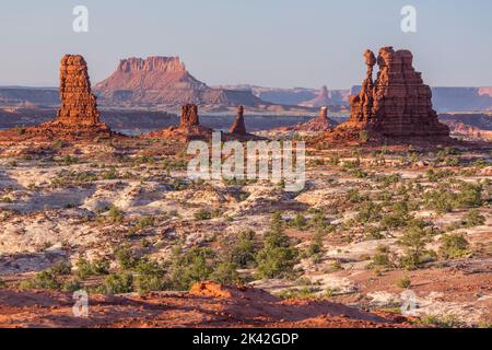 Thor's Hammer in the Land of Standing Rocks, Maze District, Canyonlands NP, Utah with the Candlestick Tower & Island in the Sky District behind.  Ekke Stock Photo