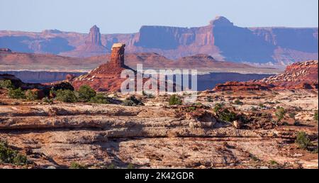 Rock formations in the Land of Standing Rocks, Maze District, Canyonlands NP, Utah with the Candlestick Tower & Island in the Sky District behind. Stock Photo
