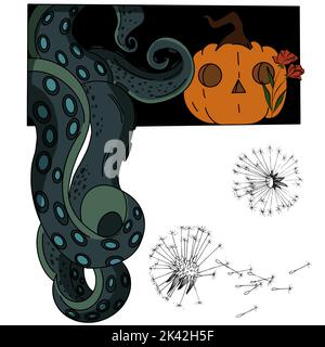 monster pumpkin with octopus tentacles halloween illustration Stock Vector