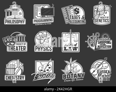 University faculties vector icons philosophy, theater and chemistry, programming, physics and painting. Taxes accounting, law and botany, genetics, shipping and navigation, classical music labels set Stock Vector