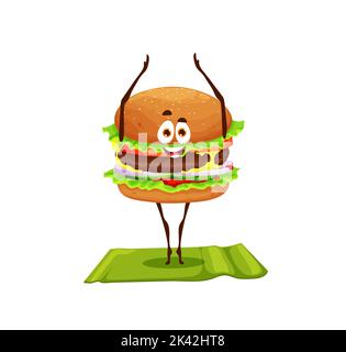 Cartoon funny burger character on yoga fitness. Happy smiling fast food meal vector personage or sandwich funny character. Comical burger personage doing yoga or fitness exercises Stock Vector