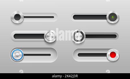 UI slider bar buttons, volume slide toggles and switch control, vector web interface. Realistic metal slider buttons for music player or equalizer and menu settings, switch on and off toggles Stock Vector