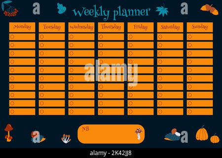 Weekly planner for kids with hand drawn pumpkin, acorn, mountain ash, hedgehog, mushrooms, fly agaric in cartoon childish style. Colorful vector illus Stock Vector