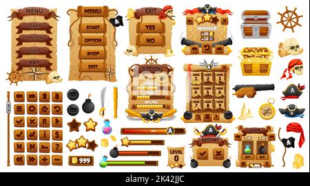 Pirates and corsairs game interface. Ui game buttons, gui elements game asset. Menu selected screens, buttons and progress bars with cartoon pirate skulls, captain hats, treasure chest, map and flag Stock Vector