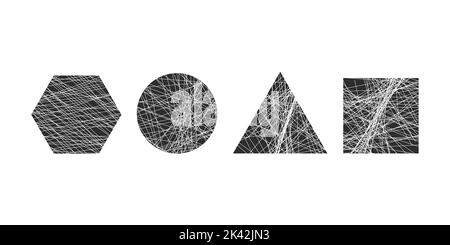 Geometric shapes with linear texture, elements. Vector set Stock Vector