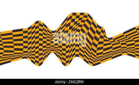 Optical illusion pattern, abstract wave. Chess op art, chessboard distorted background. Vector wavy grid Stock Vector