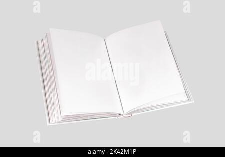 Open paper book with white blank empty pages mock up. Literature mockup on gray background. Stock Photo