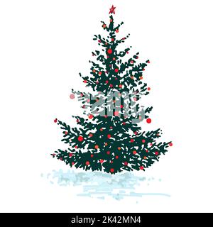 Festive fir tree with red balls isolated on white background Stock Vector