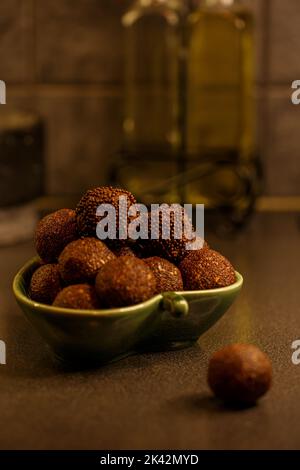 delicious tasty Chocolate swedish balls. Traditional fika. Stock Photo