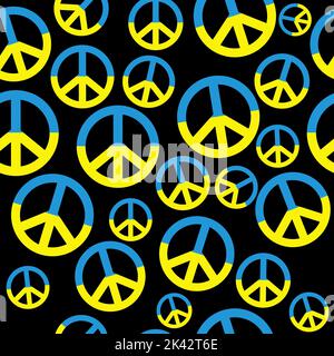 Seamless pattern of peace sign with Ukraine flag on black background Stock Vector