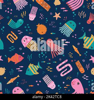 Cute Sea Life seamless pattern. Vector illustration flat design background. Stock Vector