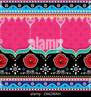 Indian and Pakistani truck art vector design with roses, Jingle trucks seamless textile or greeting card pattern in vibrant colors Stock Vector