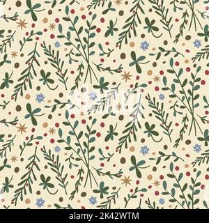 Christmas seamless pattern with plants, leaves and stars. Flat design. Vector illustration Stock Vector