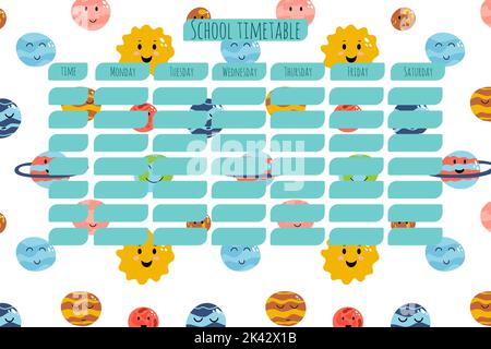 School timetable for kids with space planets in cartoon childish style. Colorful vector illustration for stationary, schedule, list, school timetable, Stock Vector