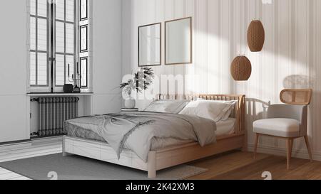 Architect interior designer concept: hand-drawn draft unfinished project that becomes real, bedroom, frame mockup, bed with pillows, striped wallpaper Stock Photo