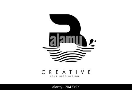 Black B Letter Logo with Waves and Water Drops Design Vector Illustration. Stock Vector