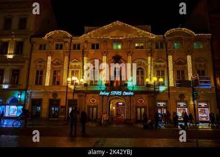 PRAGUE, CZECH REPUBLIC - MARCH 04, 2022: Casino building at night on Na Prikope (On the Moat) Street, on March 04 in Prague, Czech Republic Stock Photo