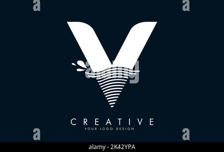 White V Letter Logo with Waves and Water Drops Design Vector Illustration. Stock Vector