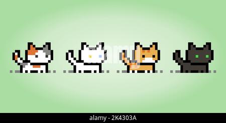 Pixel 8 bit cat collection. Animals for game assets in vector illustration. Stock Vector