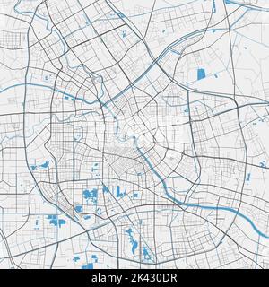 Detailed vector map poster of Tianjin city administrative area. Blue ...