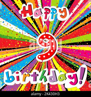 Happy Birthday greeting card with number 9 candle and confetti on a colorful sunburst background Stock Vector