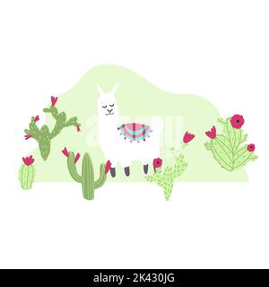 Vector cute lama with cactus in cartoon hand drawn childish style. Funny animal character for nursery, baby apparel, textile and product design Stock Vector
