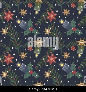 Christmas seamless pattern with candles, stars, plants, holly and snowflakes. Flat design. Vector illustration Stock Vector
