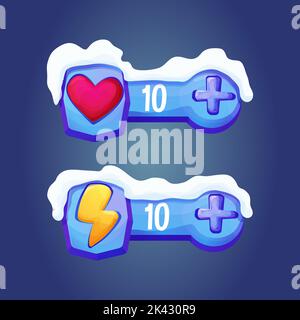 Ice fantasy interface winter template game menu life with heart shape button and energy in cartoon style isolated on white background. Ui asset, frame for settings design. Casual web 2d element. Vector illustration Stock Vector