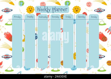 Weekly planner for kids with planets, space elements, rocket, meteorite, constellation in cartoon childish style. Colorful vector illustration for Stock Vector