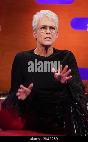 EDITORIAL USE ONLY Jamie Lee Curtis during the filming for the Graham Norton Show at BBC Studioworks 6 Television Centre, Wood Lane, London, to be aired on BBC One on Friday evening. Picture date: Thursday September 29, 2022. Stock Photo