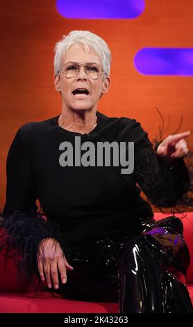 EDITORIAL USE ONLY Jamie Lee Curtis during the filming for the Graham Norton Show at BBC Studioworks 6 Television Centre, Wood Lane, London, to be aired on BBC One on Friday evening. Picture date: Thursday September 29, 2022. Stock Photo