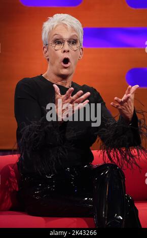 EDITORIAL USE ONLY Jamie Lee Curtis during the filming for the Graham Norton Show at BBC Studioworks 6 Television Centre, Wood Lane, London, to be aired on BBC One on Friday evening. Picture date: Thursday September 29, 2022. Stock Photo