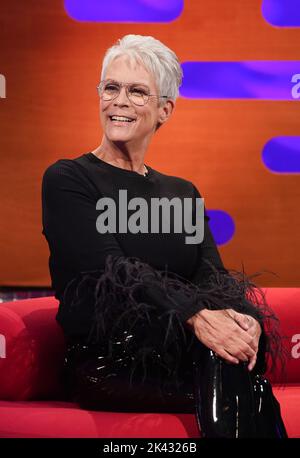 EDITORIAL USE ONLY Jamie Lee Curtis during the filming for the Graham Norton Show at BBC Studioworks 6 Television Centre, Wood Lane, London, to be aired on BBC One on Friday evening. Picture date: Thursday September 29, 2022. Stock Photo