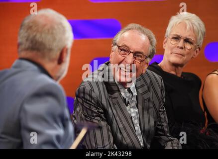 EDITORIAL USE ONLY Graham Norton, Eric Idle and Jamie Lee Curtis during the filming for the Graham Norton Show at BBC Studioworks 6 Television Centre, Wood Lane, London, to be aired on BBC One on Friday evening. Picture date: Thursday September 29, 2022. Stock Photo