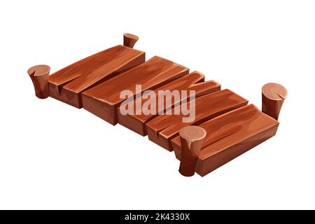 Wooden bridge old in isometric view in cartoon style isolated on white background. Detailed, textured game element. Vector illustration Stock Vector