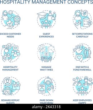 Hospitality management turquoise concept icons set Stock Vector