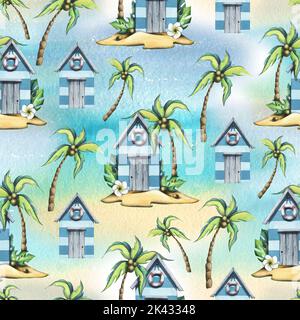 Beach, sea houses, cute, wooden with coconut palms on a sandy island. Watercolor illustration in cartoon style. Seamless summer, beach pattern for Stock Photo