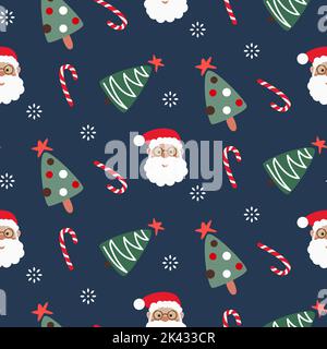 Christmas wrap paper design with trees and Santa Claus. Xmas gift wrapping background with snow and gifts. Stock Vector