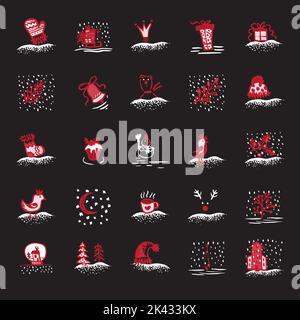 Holiday hand drawn sketch Christmas and New Year set icons isolated on black background Stock Vector