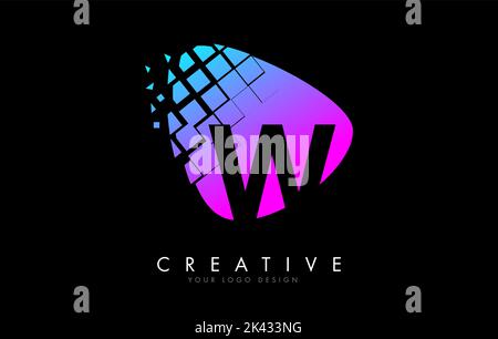 Letter W Design with Colorful Pink and Blue Shattered Blocks Vector Illustration. Pixel art of the W letter logo. Stock Vector