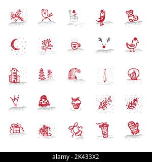 Holiday hand drawn sketch Christmas and New Year set icons isolated on white background Stock Vector
