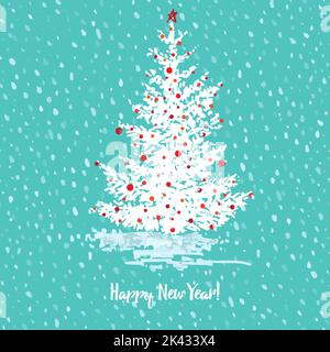 Festive New Year card. Fir tree with red balls on green blue snowy seamless background and text Happy New Year Stock Vector